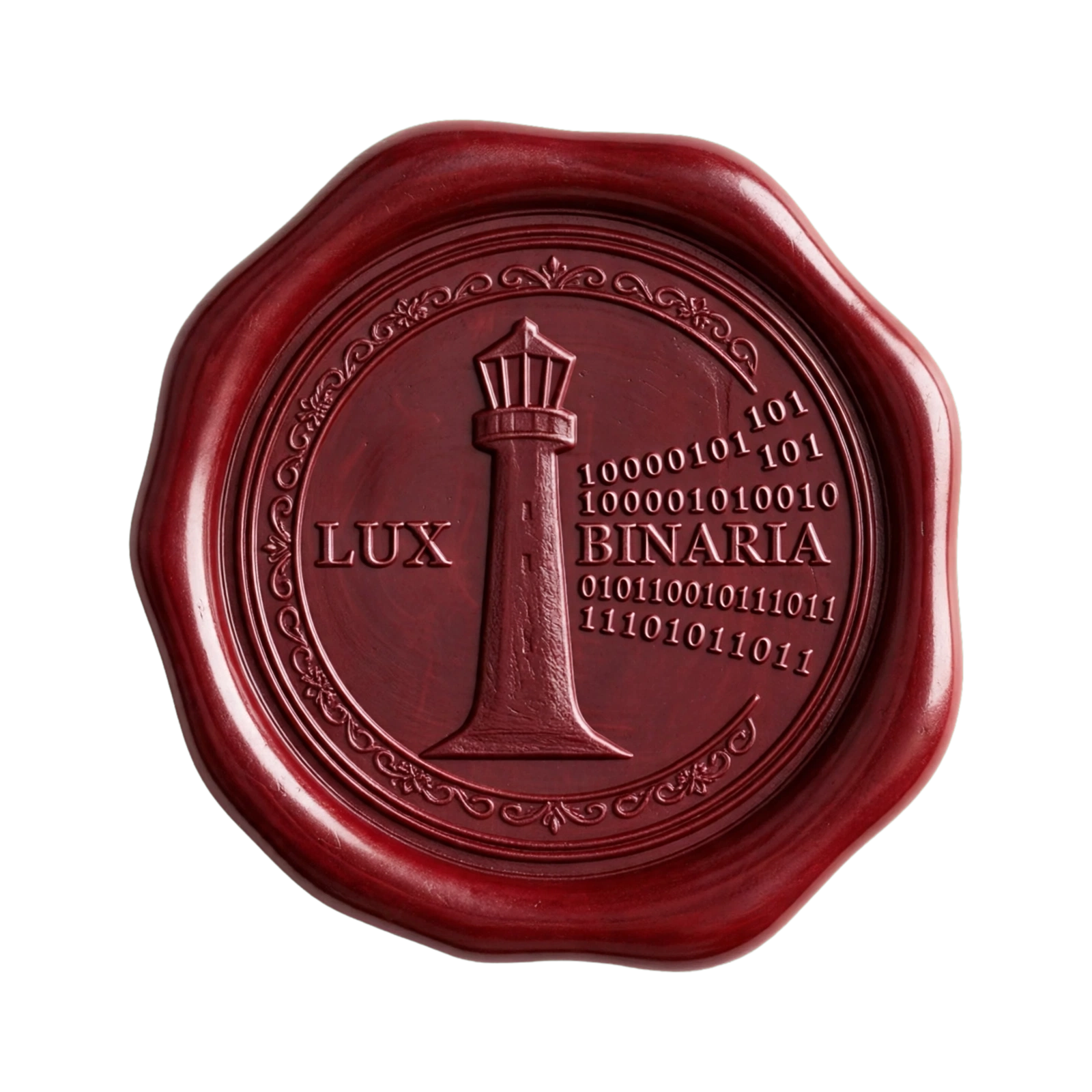 Sello de cera de Lux Binaria: un faro flanqueado por las palabras LUX y BINARIA, con fragmentos de código binario grabados alrededor.